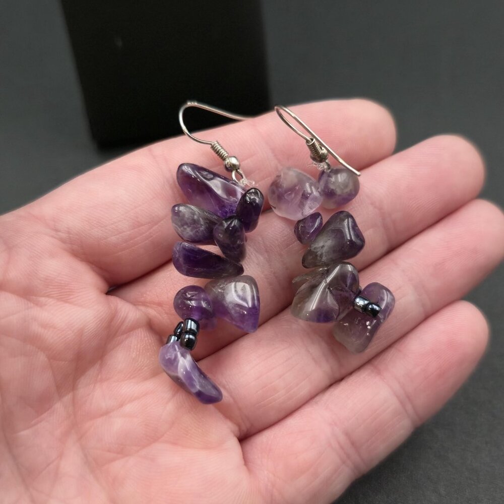 Silver Plated Amethyst Stone Chain Handmade Earrings A7006 - Picture 3 of 5